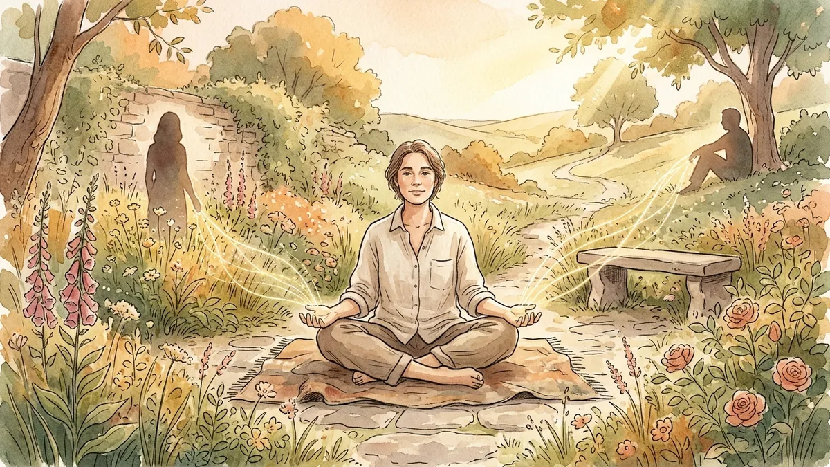 Person sitting peacefully in a garden, symbolizing movement from anxious attachment toward earned security and self-regulation