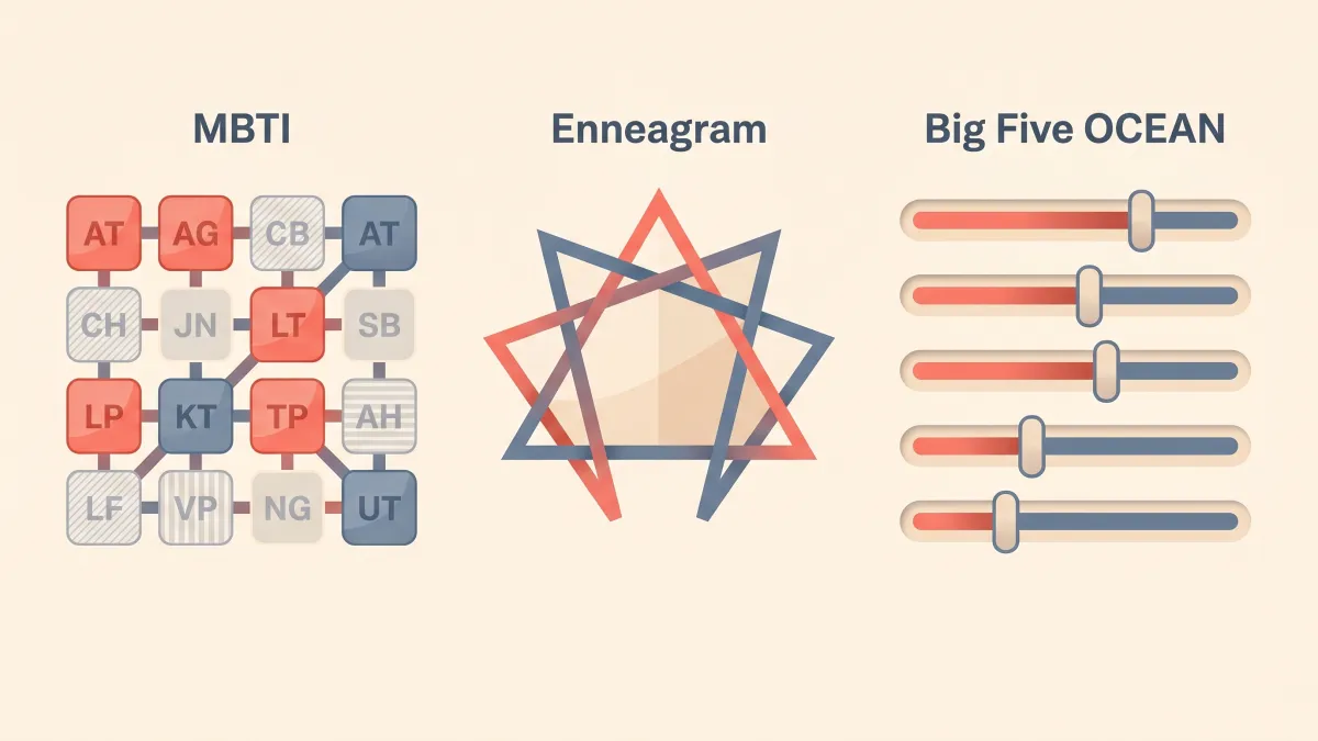 Three personality frameworks compared: MBTI letter grid, Enneagram star, and Big Five OCEAN sliders
