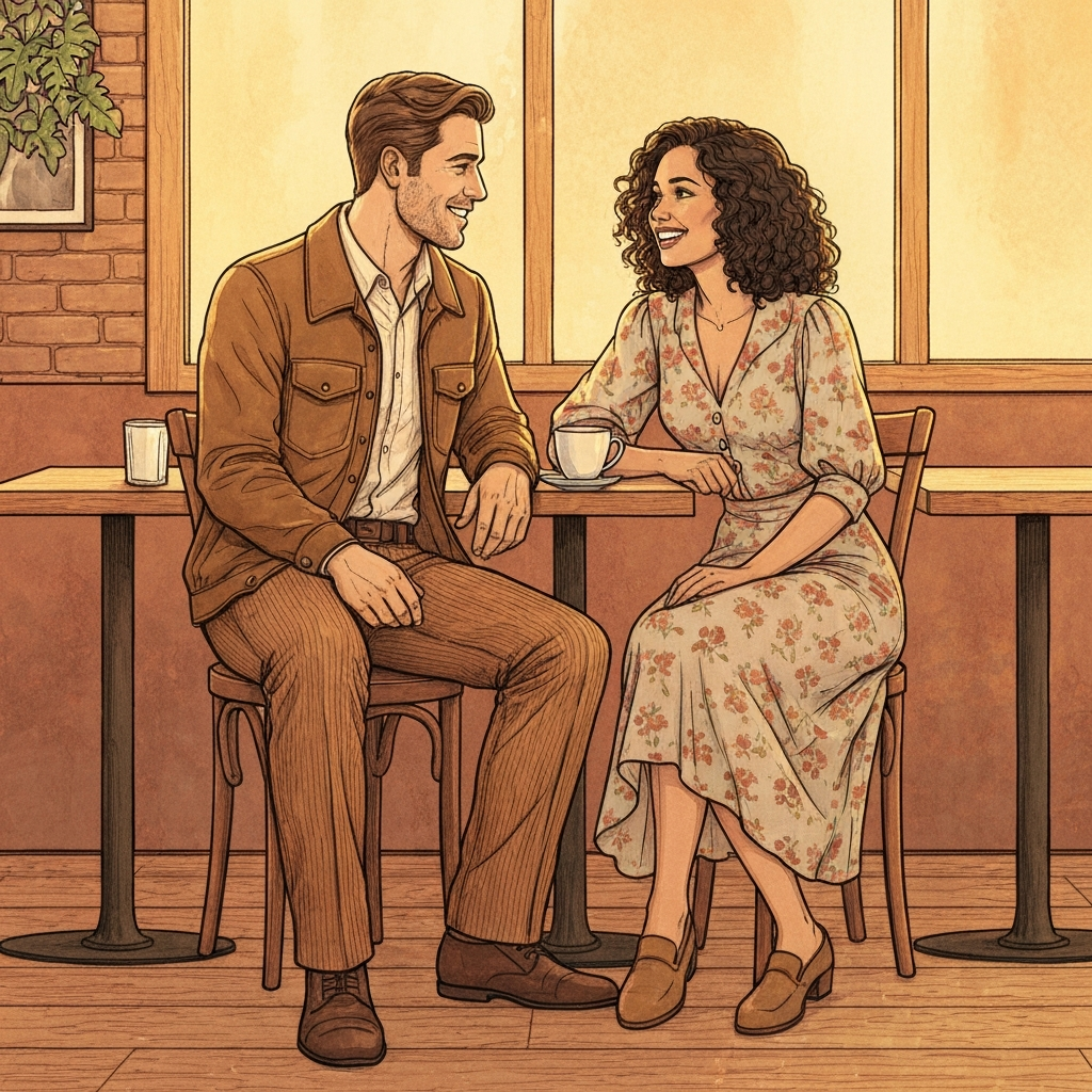 A couple sitting across from each other at a cafe, taking their time getting to know each other without distractions